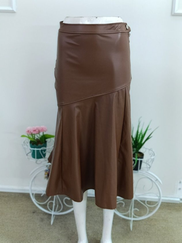 Women's High Waist, Hip-Fitted, Flared Leather Midi Skirt, 38894