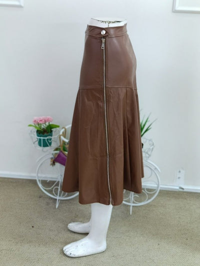 Women's High Waist, Hip-Fitted, Flared Leather Midi Skirt, 38894