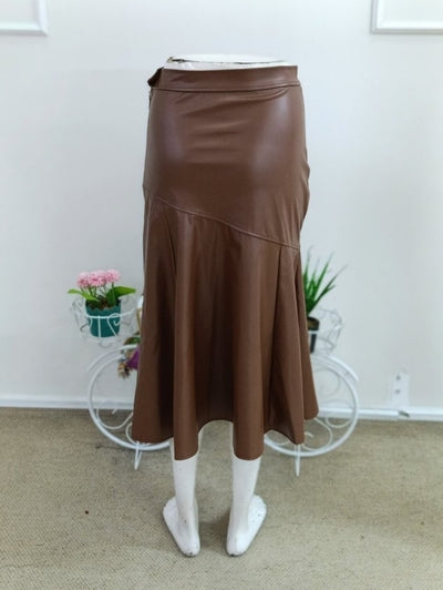 Women's High Waist, Hip-Fitted, Flared Leather Midi Skirt, 38894