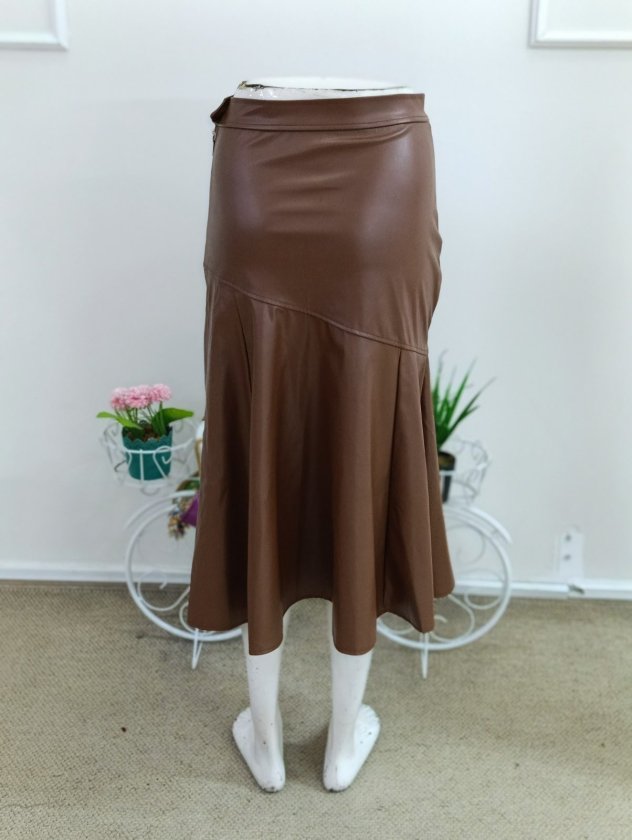 Women's High Waist, Hip-Fitted, Flared Leather Midi Skirt, 38894