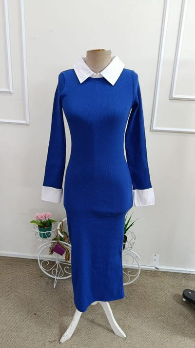Rochie de damă cu mânecă lungă și guler, cu decolteu și mâneci tricotate, 38905