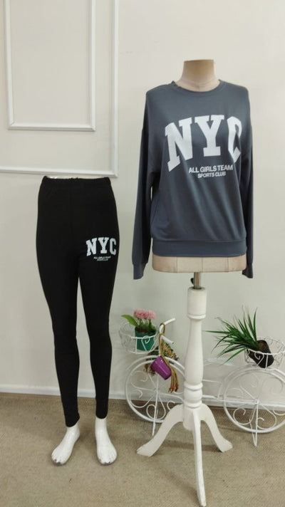 Set de două piese pentru femei, bluză cu mânecă lungă, guler rotund, din viscoză, cu două fire și pantaloni/colanți din fleece periat, 38912