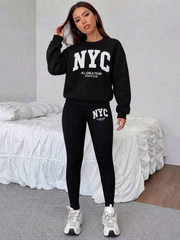 Set de două piese pentru femei, bluză cu mânecă lungă, guler rotund, din viscoză, cu două fire și pantaloni/colanți din fleece periat, 38913