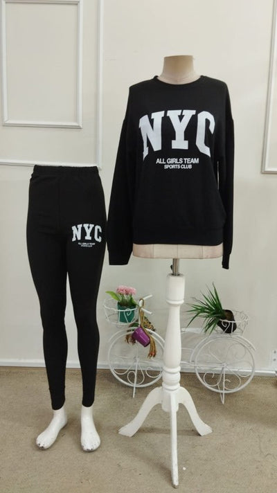 Set de două piese pentru femei, bluză cu mânecă lungă, guler rotund, din viscoză, cu două fire și pantaloni/colanți din fleece periat, 38913