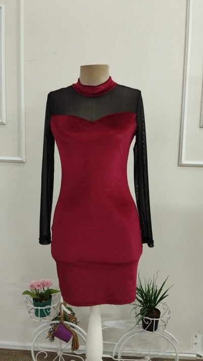 Rochie scurtă de catifea cu guler înalt și mânecă lungă pentru femei, cu detalii din tul, 38920