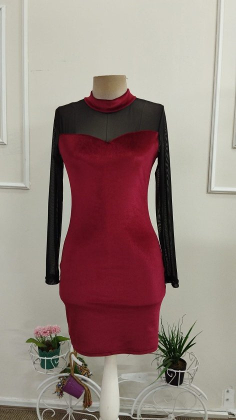 Rochie scurtă de catifea cu guler înalt și mânecă lungă pentru femei, cu detalii din tul, 38920