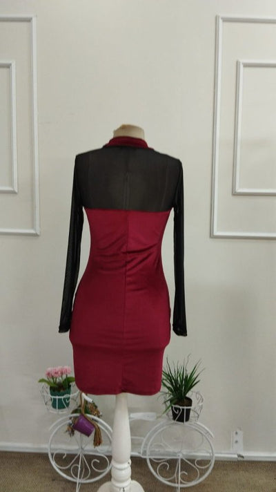 Rochie scurtă de catifea cu guler înalt și mânecă lungă pentru femei, cu detalii din tul, 38920