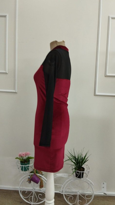 Rochie scurtă de catifea cu guler înalt și mânecă lungă pentru femei, cu detalii din tul, 38920