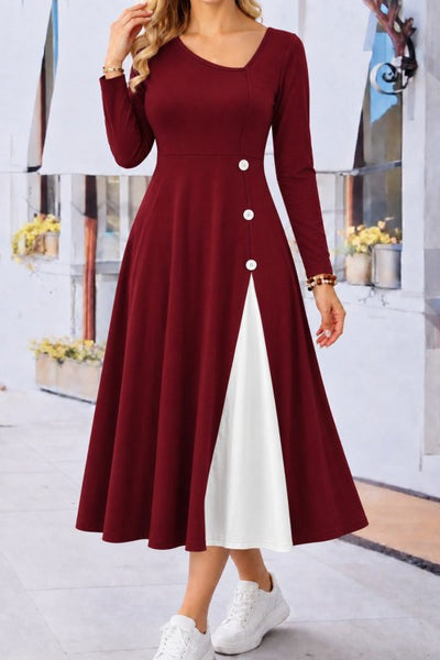 Rochie midi evazată din viscoză, cu mânecă lungă, guler asimetric și nasturi, 38994