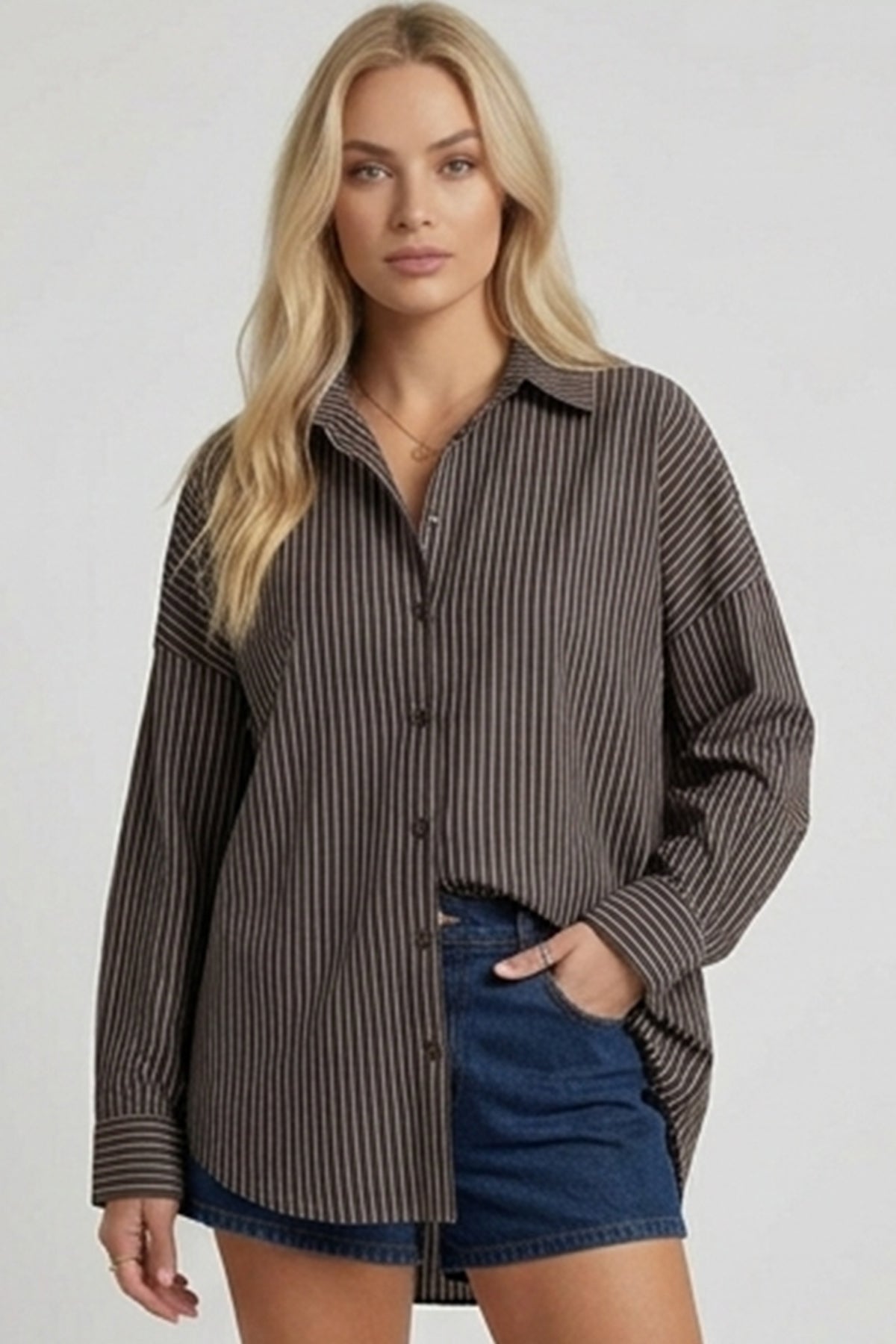3900 Oversize Kareli Gömlek - Y.Kahve