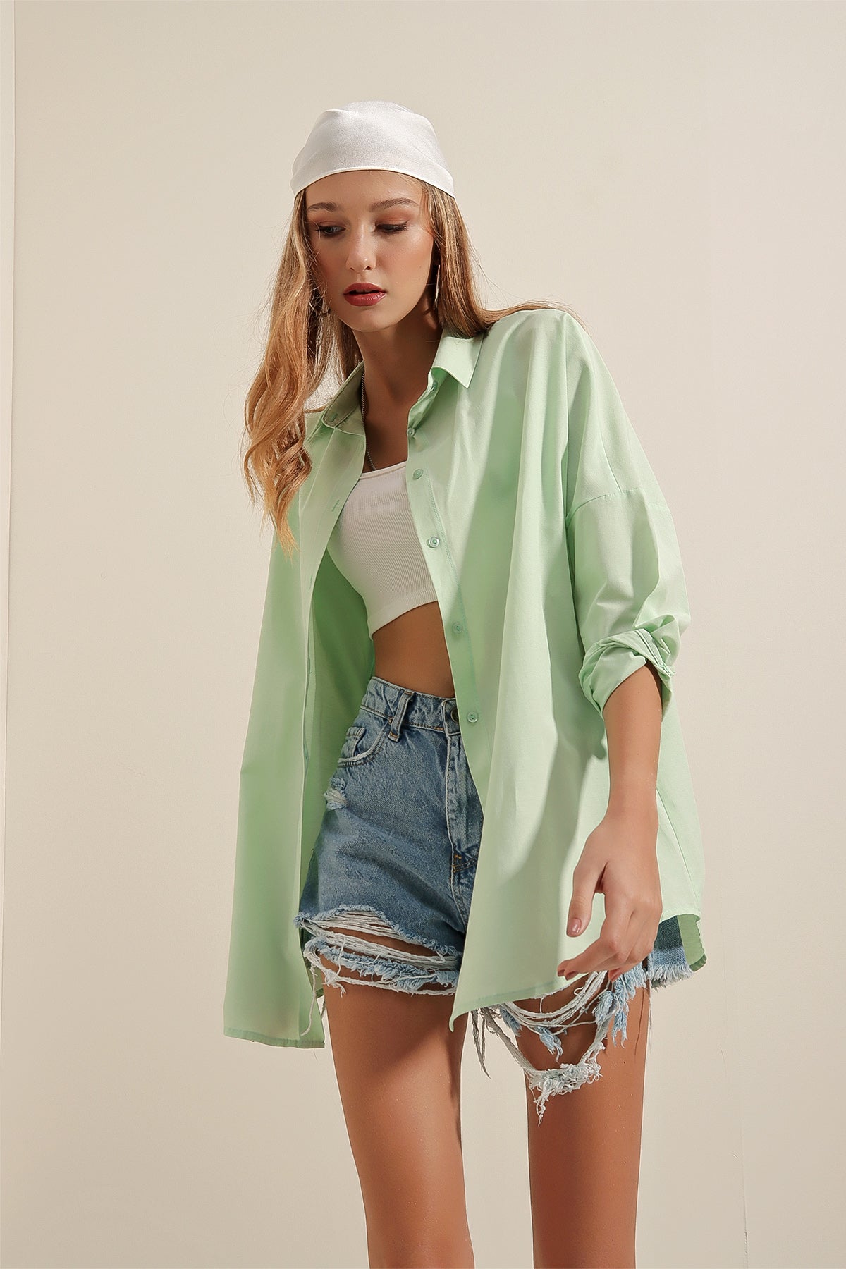 3900 Cămașă Oversize Lungă Basic - Verde Deschis