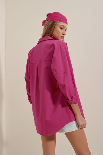3900 Oversize Uzun Basic Gömlek - Koyu Pembe