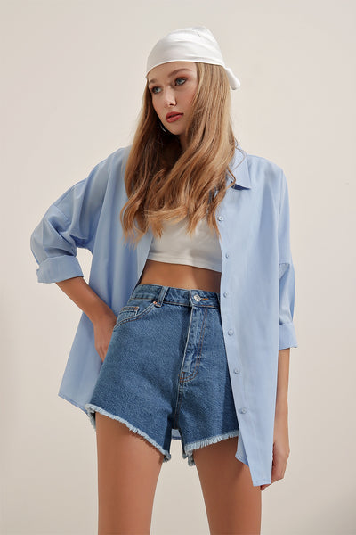 3900 Oversize Uzun Basic Gömlek - Mavi
