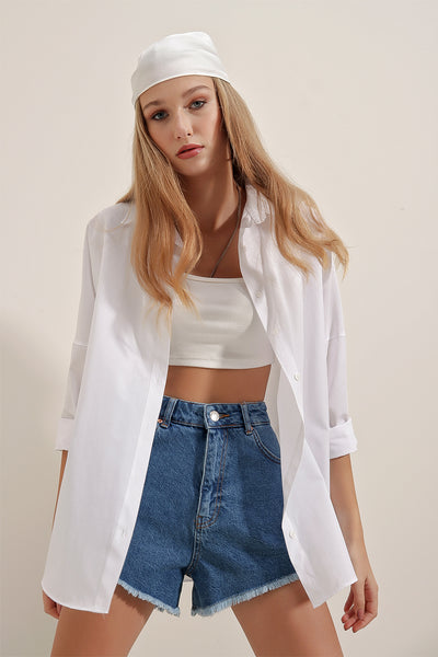 Kadın Beyaz Oversize Uzun Basic Gömlek Tek Renk
