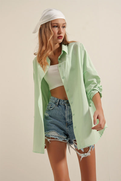 3900 Cămașă Oversize Lungă Basic - Verde Deschis