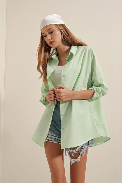 3900 Cămașă Oversize Lungă Basic - Verde Deschis