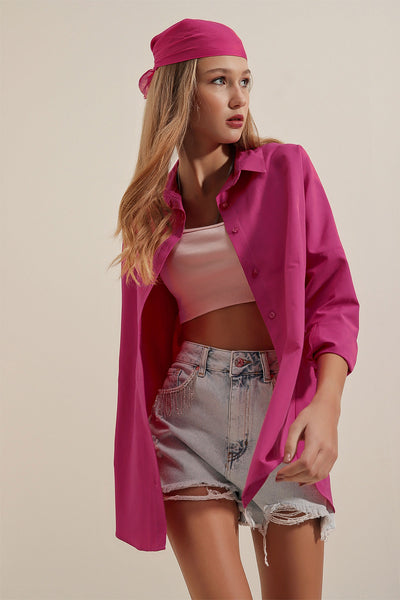 3900 Oversize Uzun Basic Gömlek - Koyu Pembe