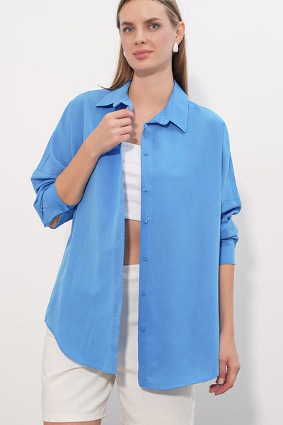 3900 Oversize Uzun Basic Gömlek - Koyu Mavi