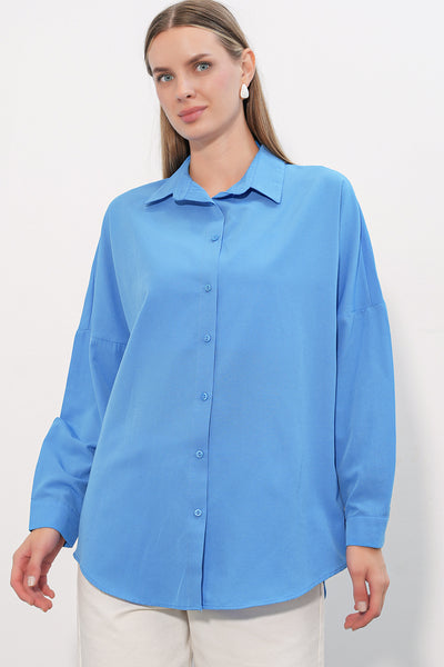 3900 Oversize Uzun Basic Gömlek - Koyu Mavi