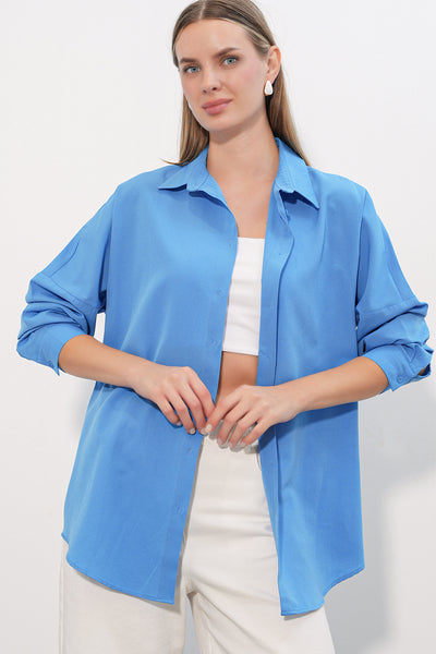 3900 Oversize Uzun Basic Gömlek - Koyu Mavi
