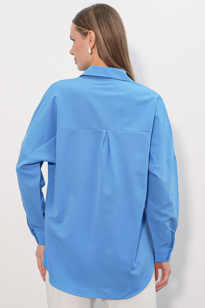 3900 Oversize Uzun Basic Gömlek - Koyu Mavi