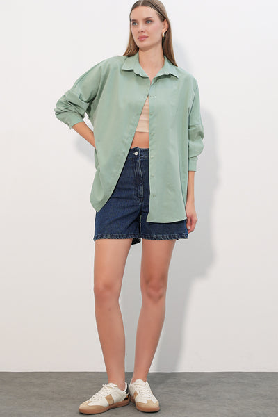 3900 Cămașă Oversize Lungă Basic - Turcoaz