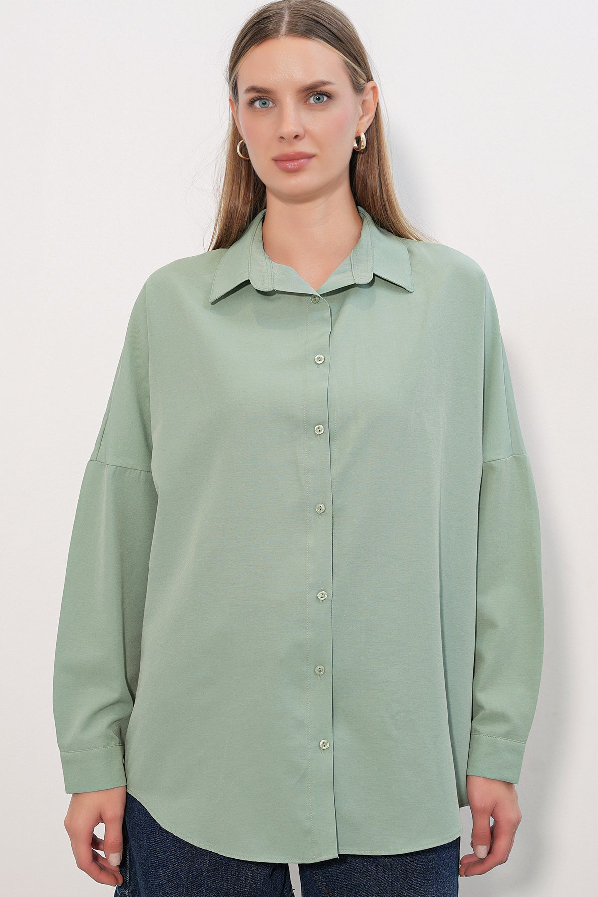 3900 Cămașă Oversize Lungă Basic - Turcoaz