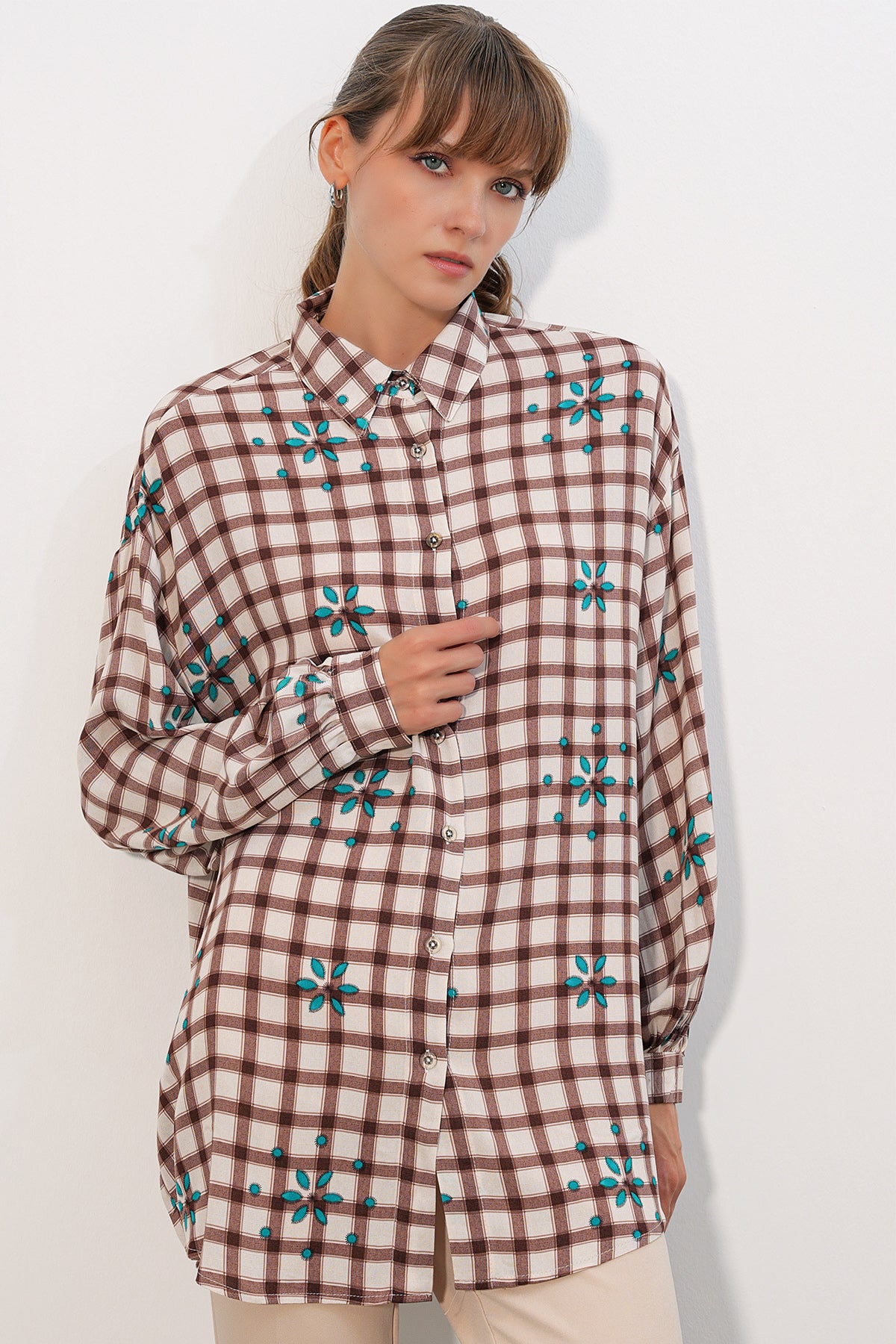 3900 Oversize Uzun Basic Gömlek - Taba