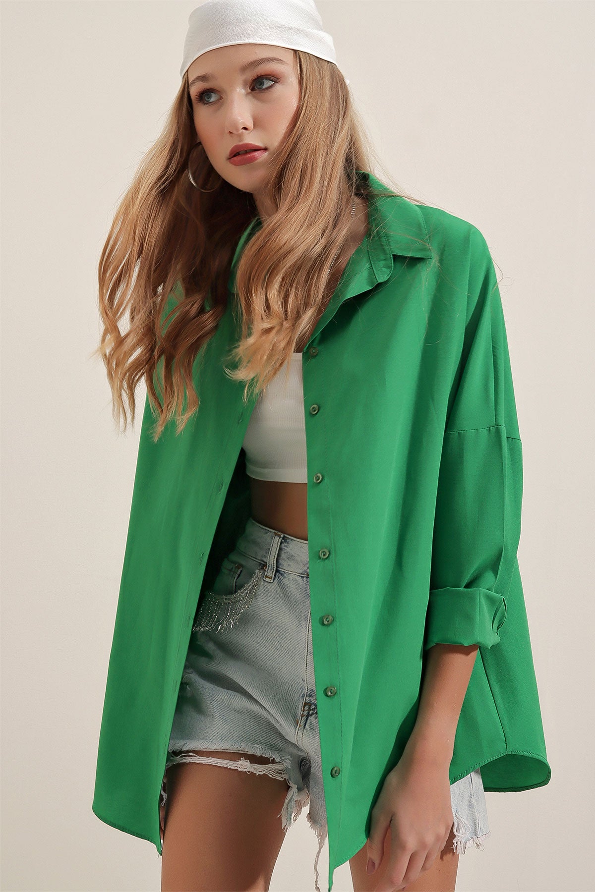 Oversize Uzun Basic Gömlek - Yeşil