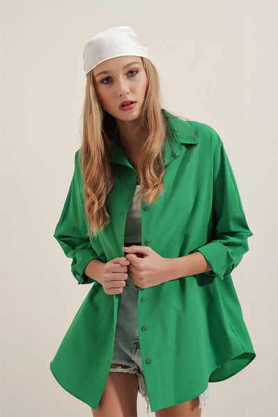 Oversize Uzun Basic Gömlek - Yeşil