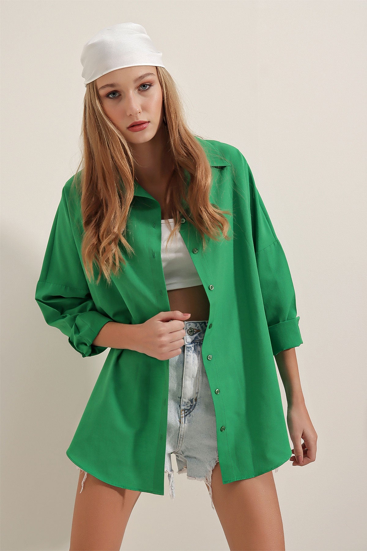 Oversize Uzun Basic Gömlek - Yeşil