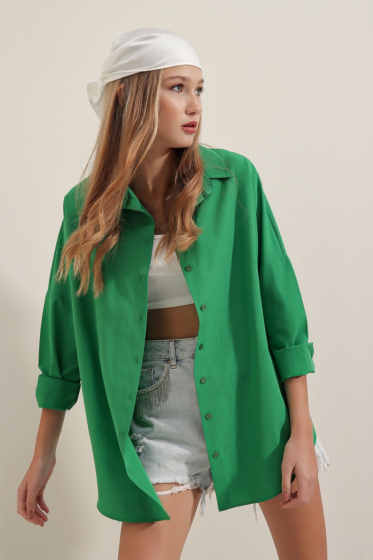Oversize Uzun Basic Gömlek - Yeşil