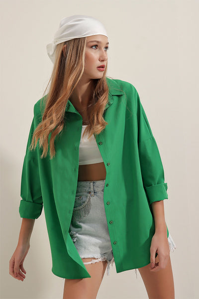Oversize Uzun Basic Gömlek - Yeşil