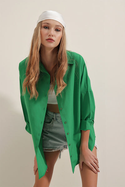 Oversize Uzun Basic Gömlek - Yeşil