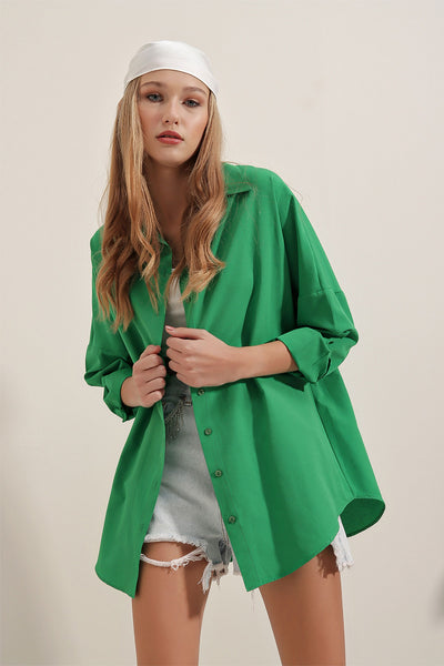 Oversize Uzun Basic Gömlek - Yeşil
