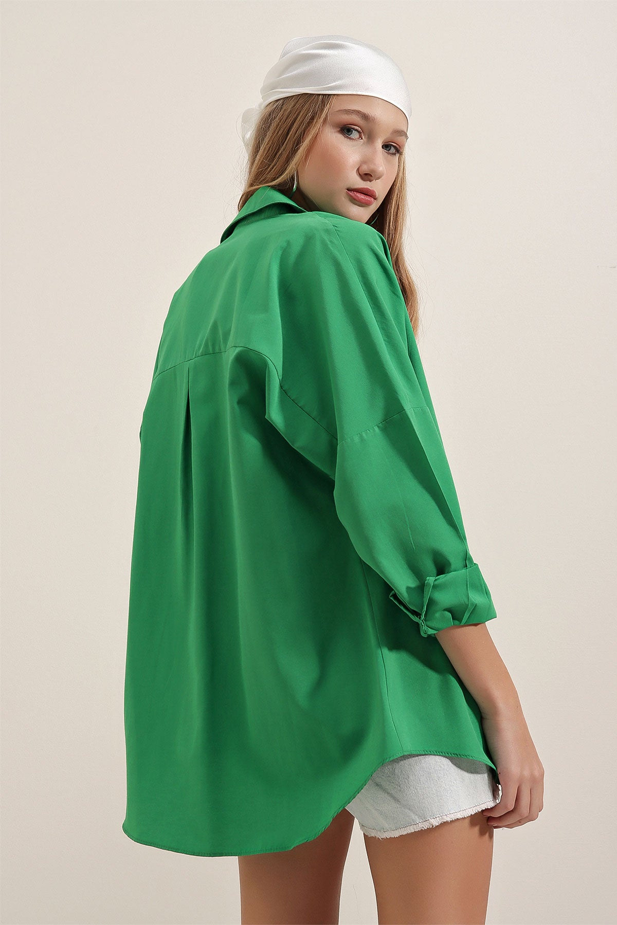 Oversize Uzun Basic Gömlek - Yeşil