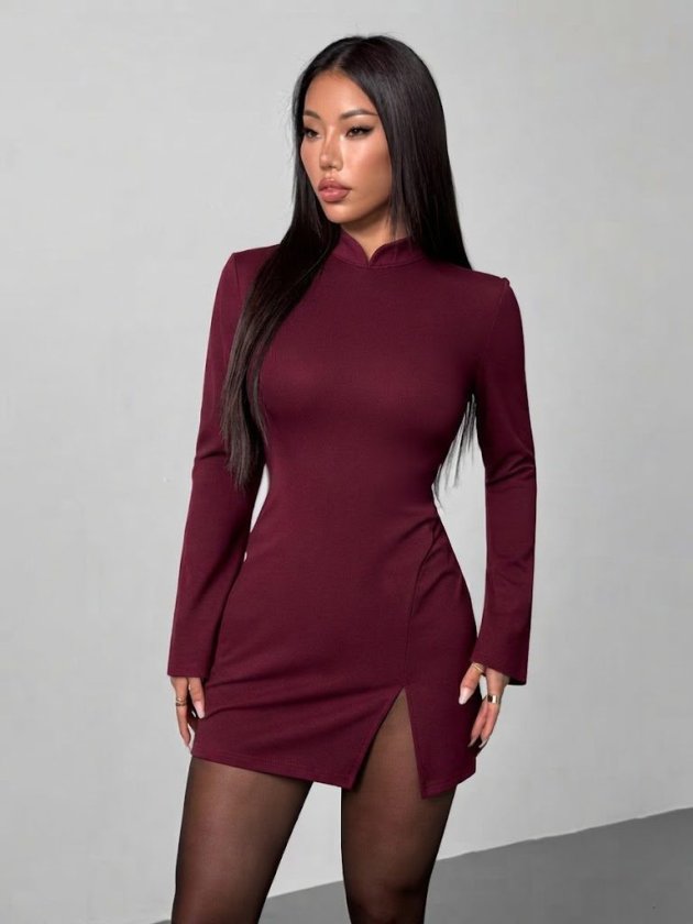 Rochie de damă din crep importat, cu mânecă lungă, guler mandarin, crăpătură scurtă, 39006