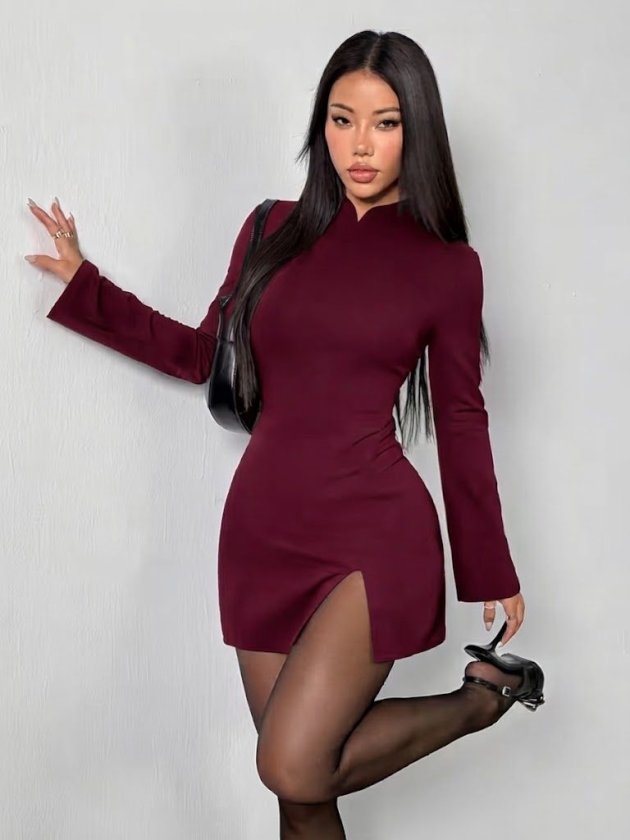 Rochie de damă din crep importat, cu mânecă lungă, guler mandarin, crăpătură scurtă, 39006