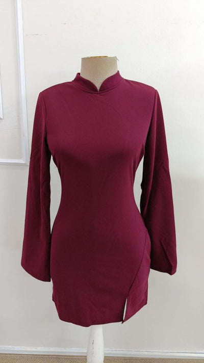 Rochie de damă din crep importat, cu mânecă lungă, guler mandarin, crăpătură scurtă, 39006