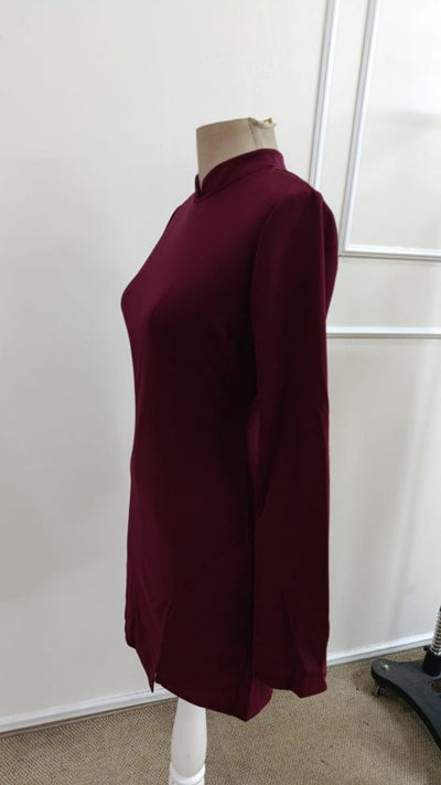 Rochie de damă din crep importat, cu mânecă lungă, guler mandarin, crăpătură scurtă, 39006