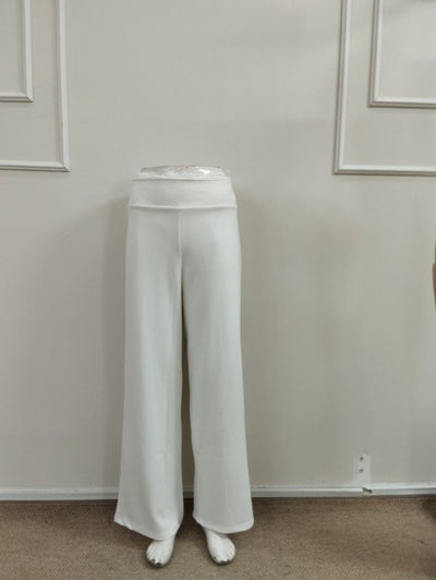 Pantaloni largi din modal cu talie înaltă și dantelă pentru femei, 39057