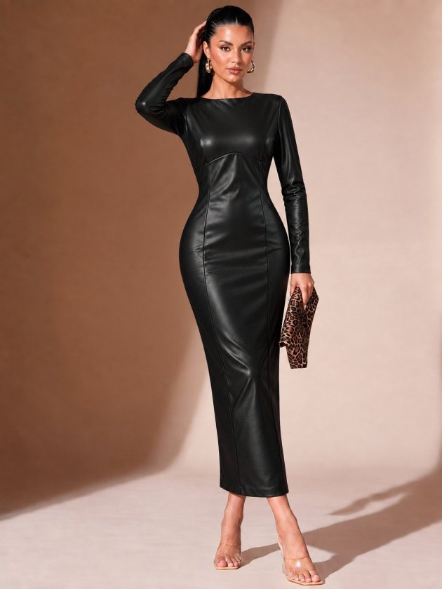 Rochie de damă din piele, cu mânecă lungă și decolteu tip barcă, croială slim, 39059