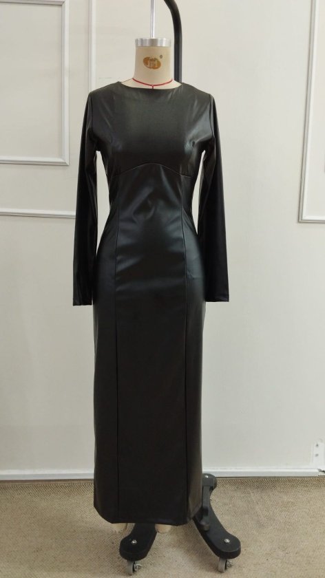 Rochie de damă din piele, cu mânecă lungă și decolteu tip barcă, croială slim, 39059