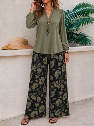 Bluză din viscoză cu mânecă lungă și decolteu în V pentru femei și pantaloni lungi Supreme cu imprimeu floral, 39152