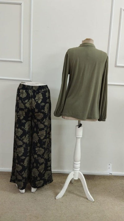 Bluză din viscoză cu mânecă lungă și decolteu în V pentru femei și pantaloni lungi Supreme cu imprimeu floral, 39152