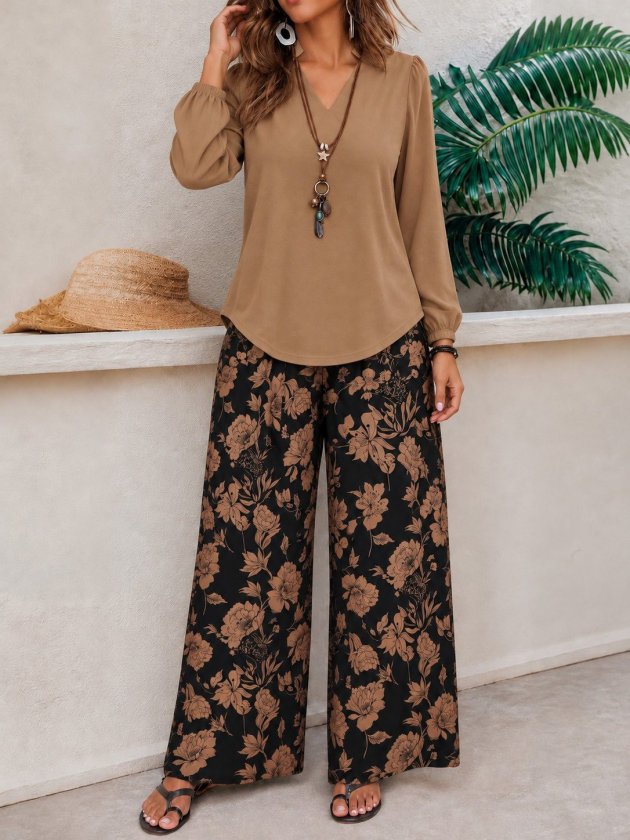 Bluză din viscoză cu mânecă lungă și decolteu în V pentru femei și pantaloni lungi Supreme cu imprimeu floral, 39153