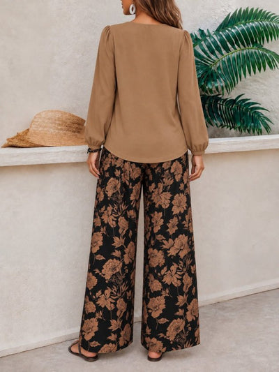 Bluză din viscoză cu mânecă lungă și decolteu în V pentru femei și pantaloni lungi Supreme cu imprimeu floral, 39153