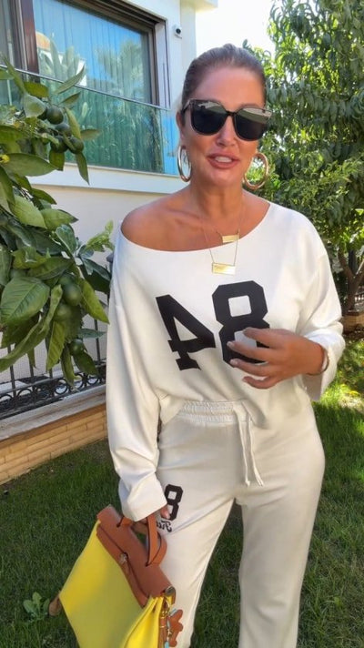 Kadın Tek Omuzdan Açık Uzun Kollu Baskılı Modal Bluz Ve Pantolon Ikili Takım, 39179