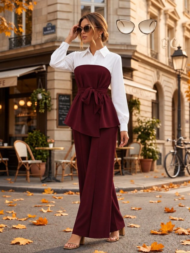 Top cu guler și mânecă lungă pentru femei, top tricotat cu detalii asimetrice și talie cu curea, bluză din crep importat și pantaloni cu crăpături, set din două piese, 39200