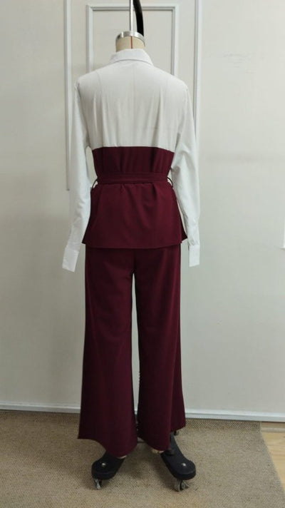 Top cu guler și mânecă lungă pentru femei, top tricotat cu detalii asimetrice și talie cu curea, bluză din crep importat și pantaloni cu crăpături, set din două piese, 39200